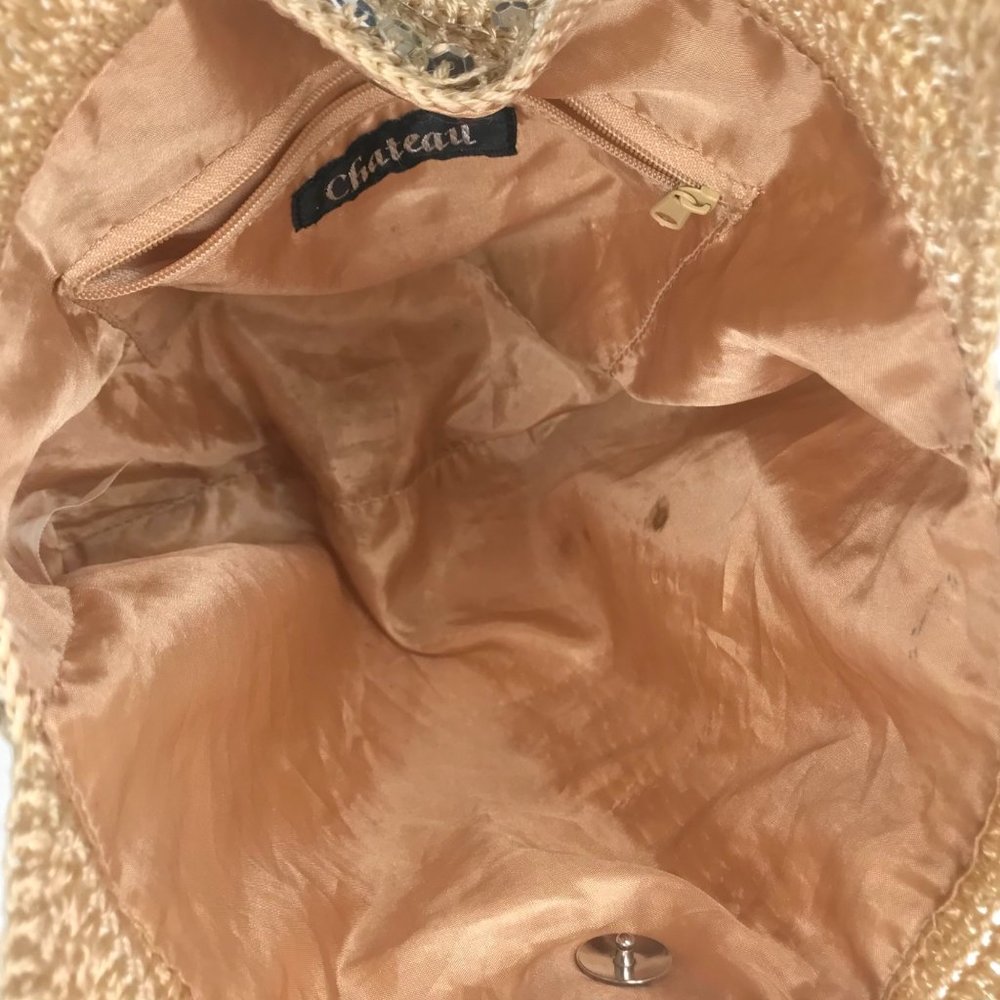 Vintage Y2K Tan Boho Sequin Shoulder Bag Knit Cottagecore Gold Purse - Picture 3 of 7